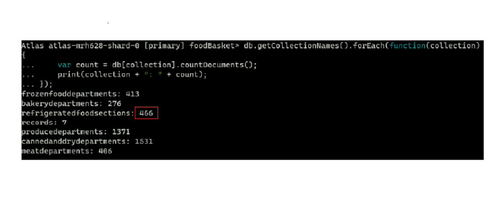 screen of mongobash showing the number of documents on each of my collections